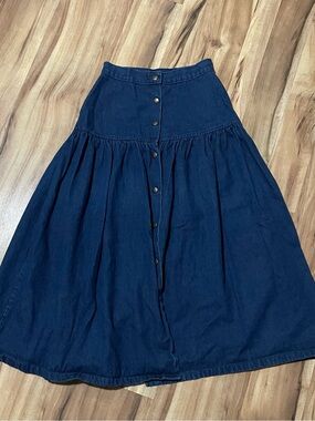 Vtg 80s 90s Touche Jean Midi Skirt Basque Waist Flared Button Snap Cottagecore